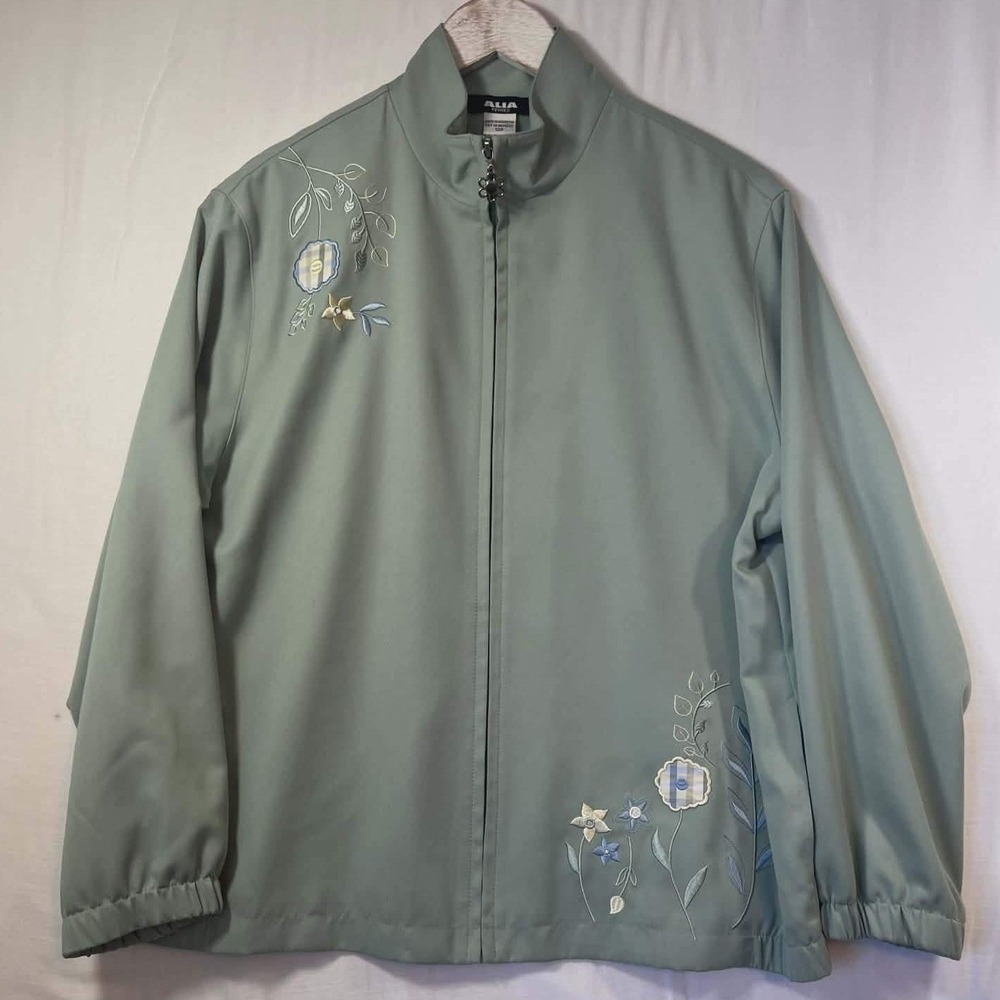 Alia Petites Sage Green Floral Embroidered Full Zip Jacket Womens 12P F53080491